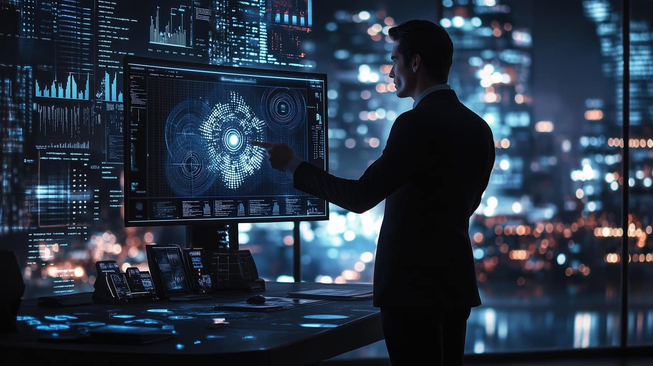 A person in a dark suit standing at a large monitor showing a glowing circular data dashboard, with a lit city skyline through the window behind them